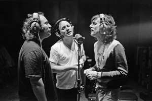 We Three Kings: Crosby, Stills, and Nash, doing what they do best, at Criteria Recording Studios in Miami, in 1977. Photo by and © Joel Bernstein.